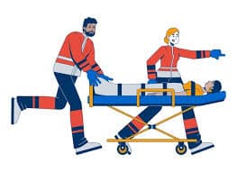 Emergency medical team transporting patient on stretcher.