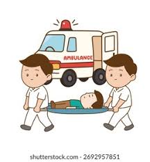 Ambulance with medical staff transporting a patient to the hospital.